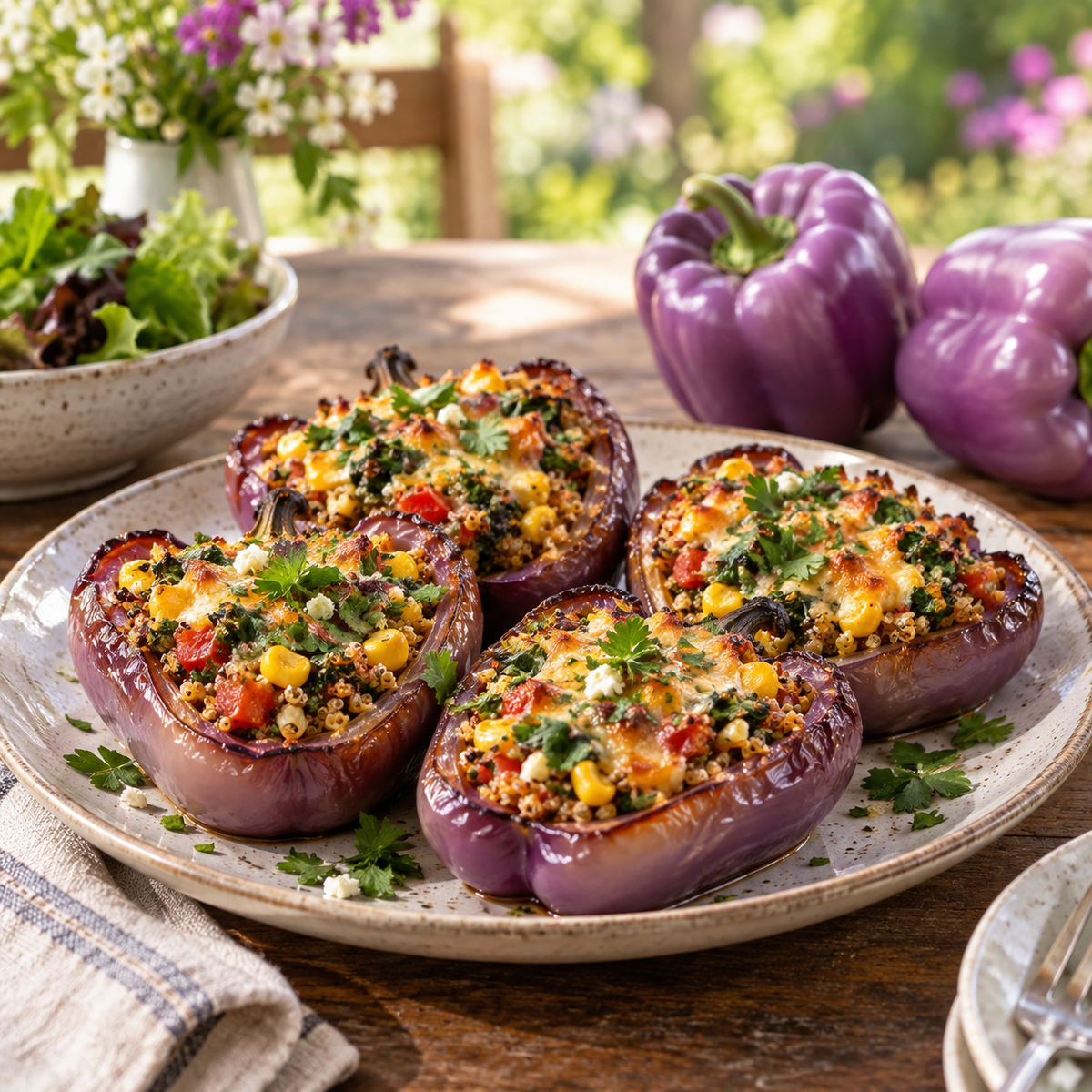 Roasted Lilac Sweet Bell Peppers stuffed with quinoa and vegetables