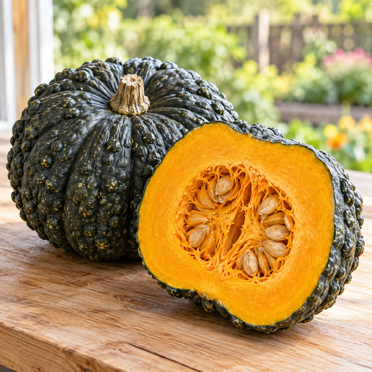 Marina De Chioggia winter squash with dark green deeply ribbed and warty skin