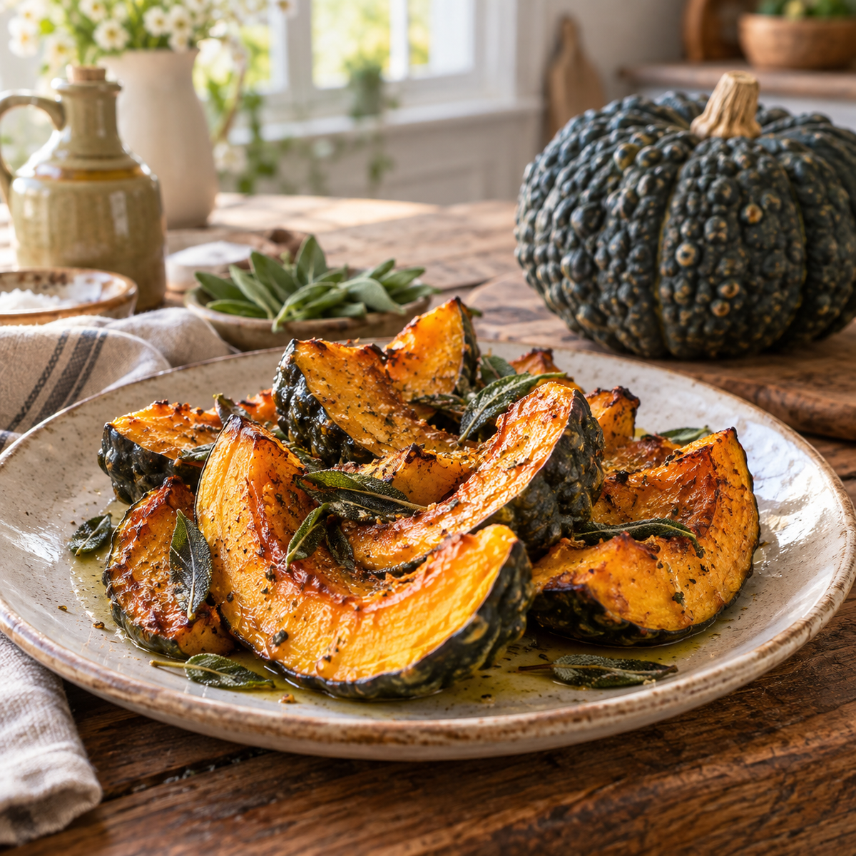 Roasted Marina De Chioggia winter squash wedges with fresh sage