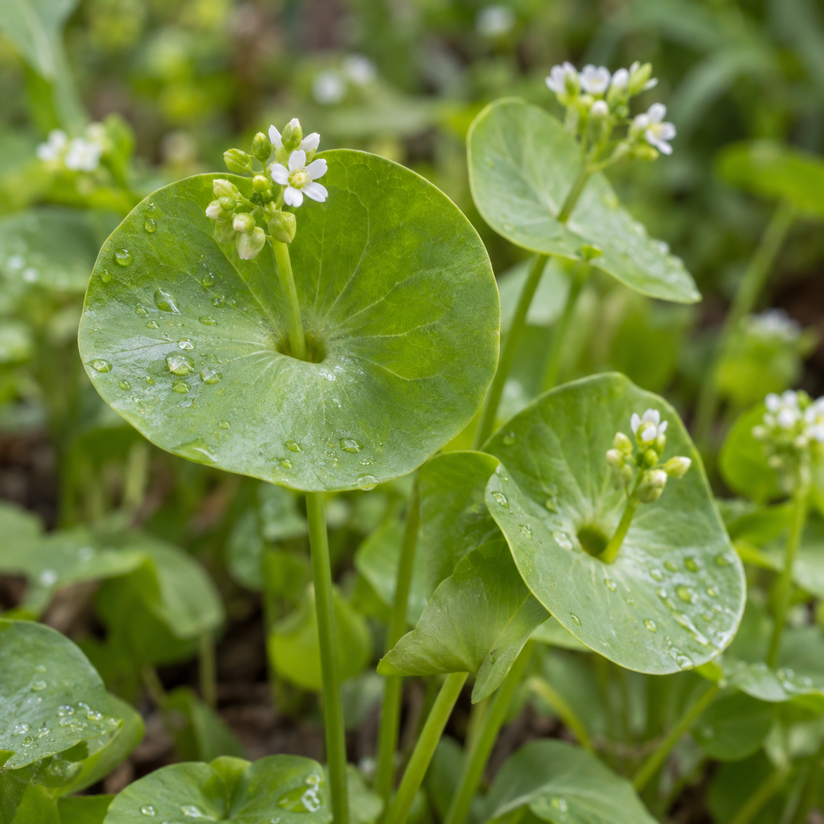 Winter purslane (miner’s lettuce) growing in a raised garden bed with round green leaves and small white flowers.
