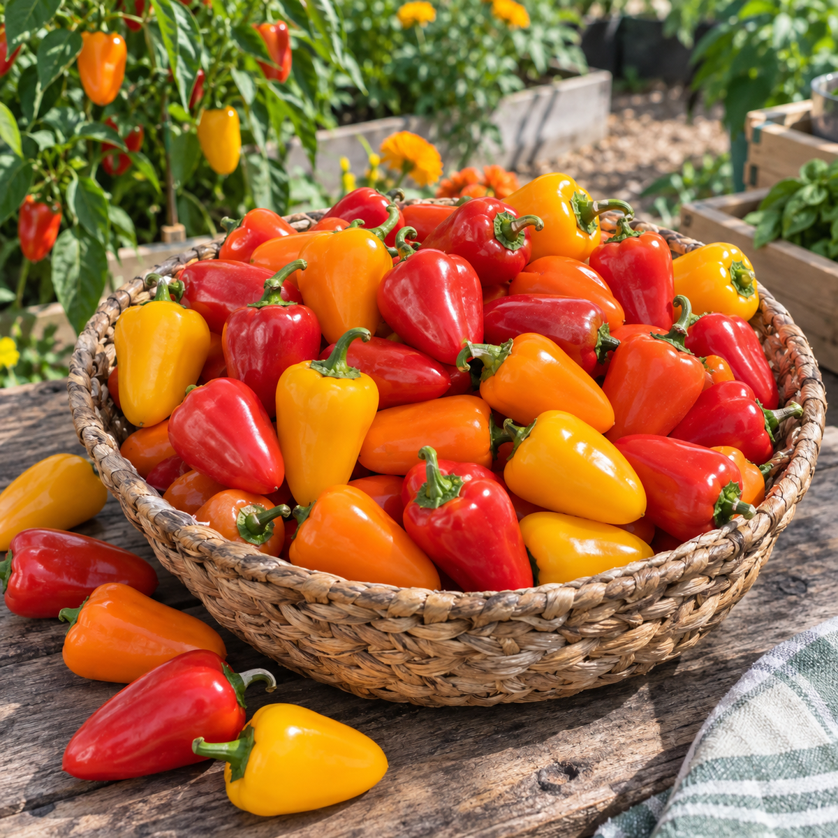 Colorful mini sweet peppers growing on a healthy plant in a sunny raised garden bed