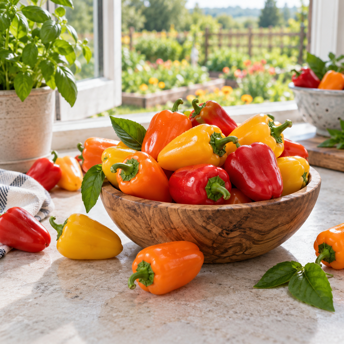 Fresh red, orange and yellow mini sweet peppers harvested in a woven garden basket