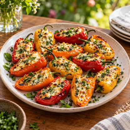Roasted mini sweet peppers stuffed with herbed cheese and served on a ceramic plate