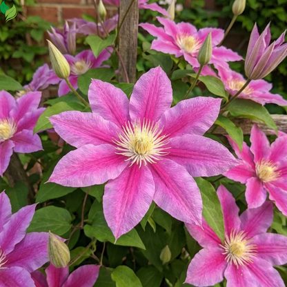outdoor garden with blooming clematis vines