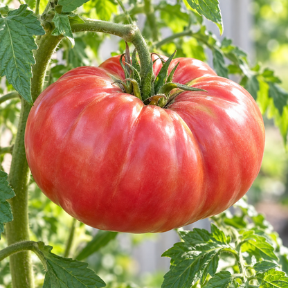 Ripe Mortgage Lifter heirloom beefsteak tomato growing on a healthy vine in a sunny garden.