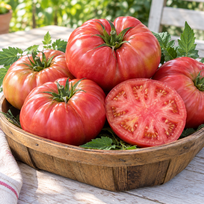 Mortgage Lifter tomato plant growing in a raised garden bed with large green, pink, and red tomatoes.