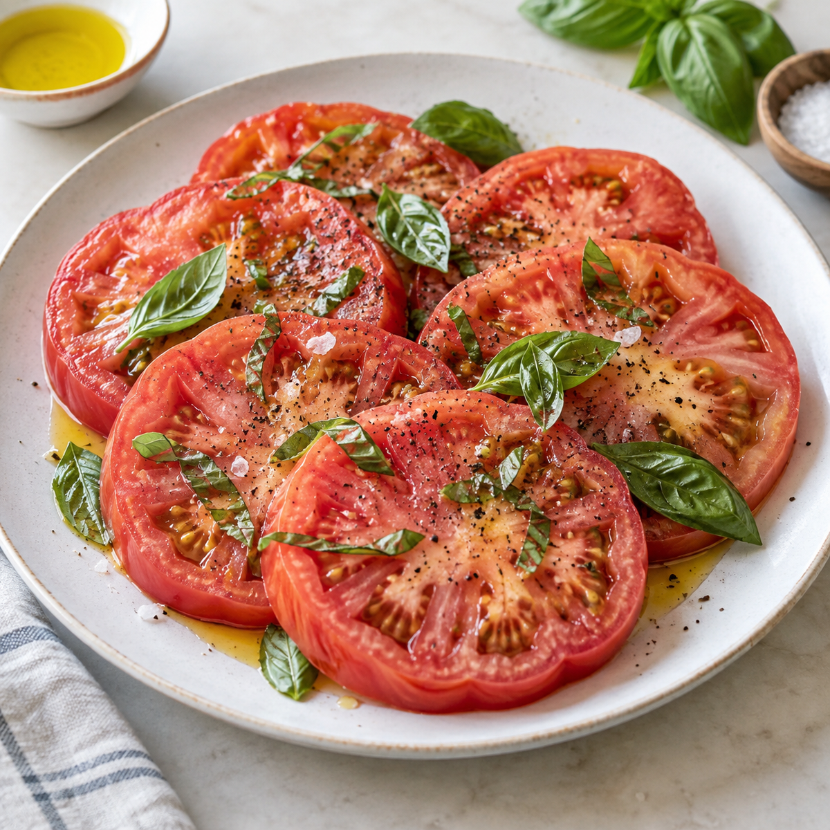 Homemade salad made with thick slices of ripe Mortgage Lifter tomatoes, fresh basil, olive oil, salt, and pepper.