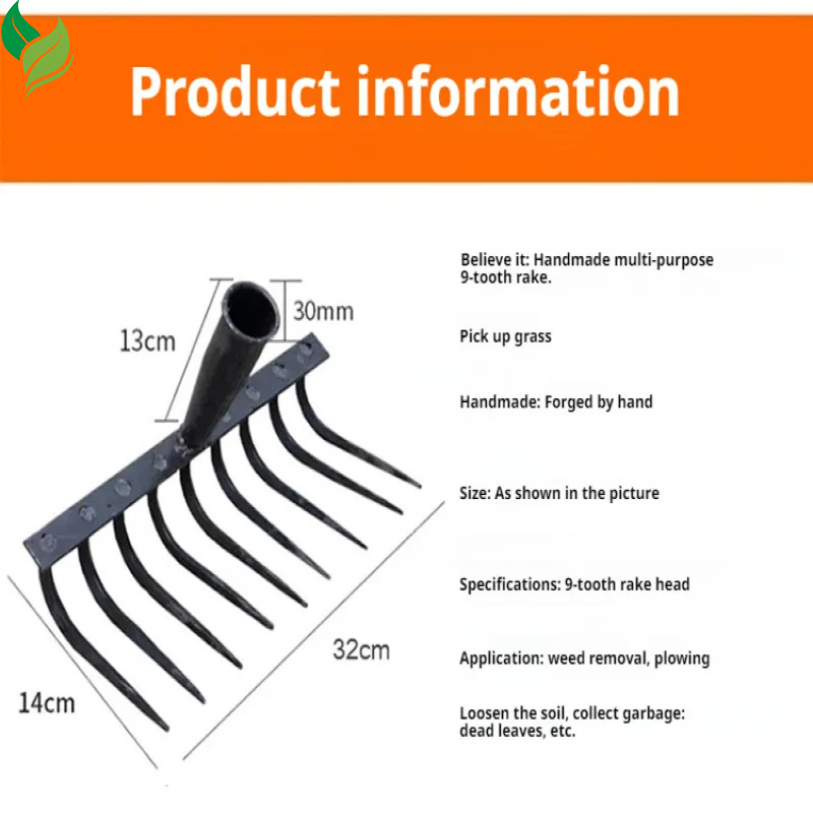 Multifunctional 9-Tooth Manganese Steel Rake – Heavy-Duty Gardening Tool