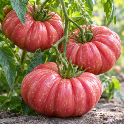 Mushroom Basket tomato plant with large ribbed pink heirloom tomatoes.