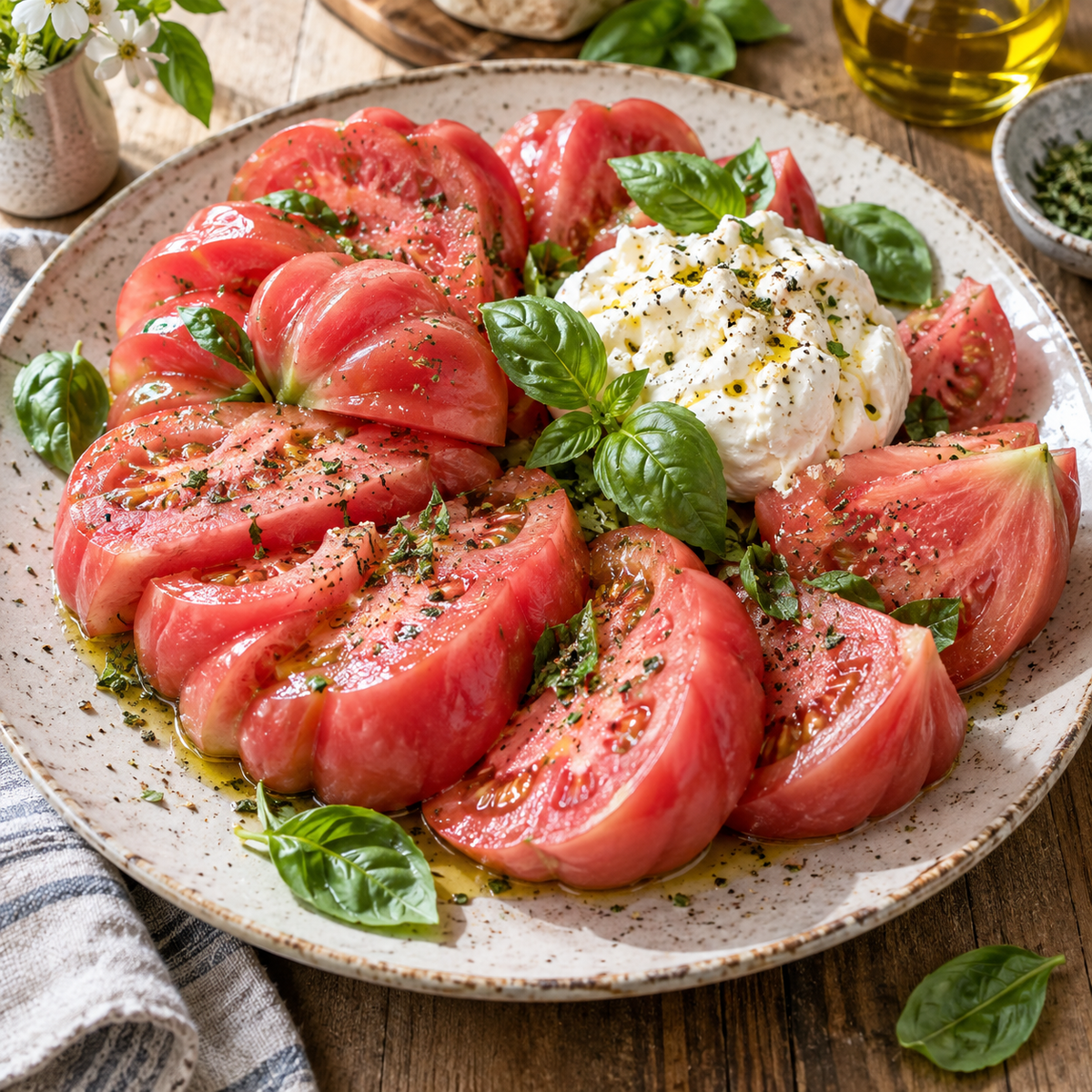Heirloom tomato salad made with sliced Mushroom Basket tomatoes, basil, and burrata.