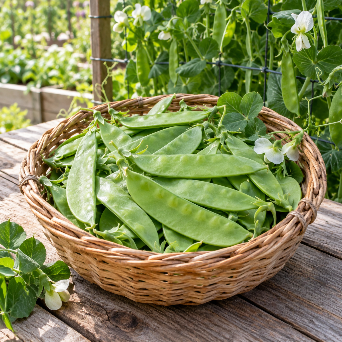 Oregon Sugar Pod snow peas growing on a garden trellis