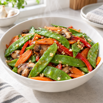 Oregon Sugar Pod snow pea stir-fry with colorful vegetables