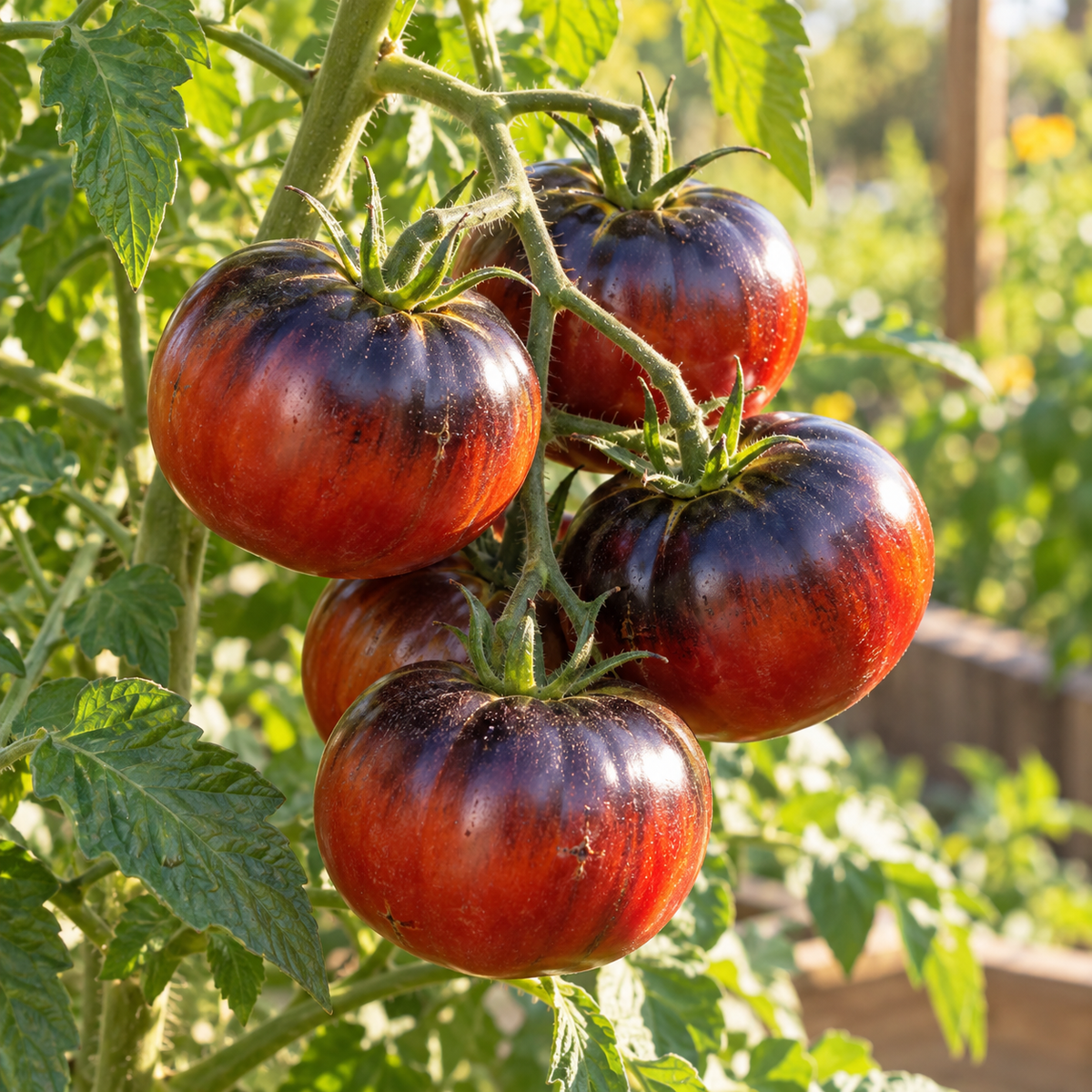 Organic Indigo Apple tomatoes ripening on the vine with deep indigo-purple shoulders and brick-red fruit.
