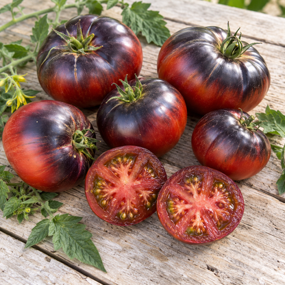 Harvested Indigo Apple tomatoes with indigo-purple shoulders and sliced burgundy-red interiors.