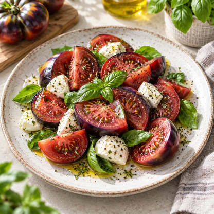 Heirloom Indigo Apple tomato and basil salad with mozzarella and olive oil.