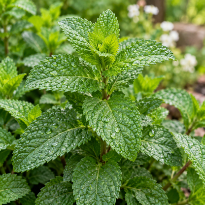 Fresh organic peppermint plant with vibrant green serrated leaves and water droplets