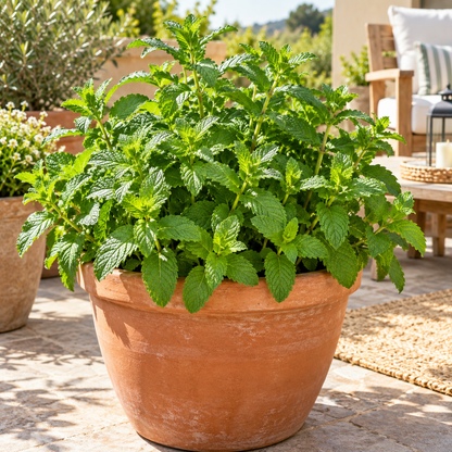 Lush organic peppermint plant growing in a terracotta container on a sunny patio