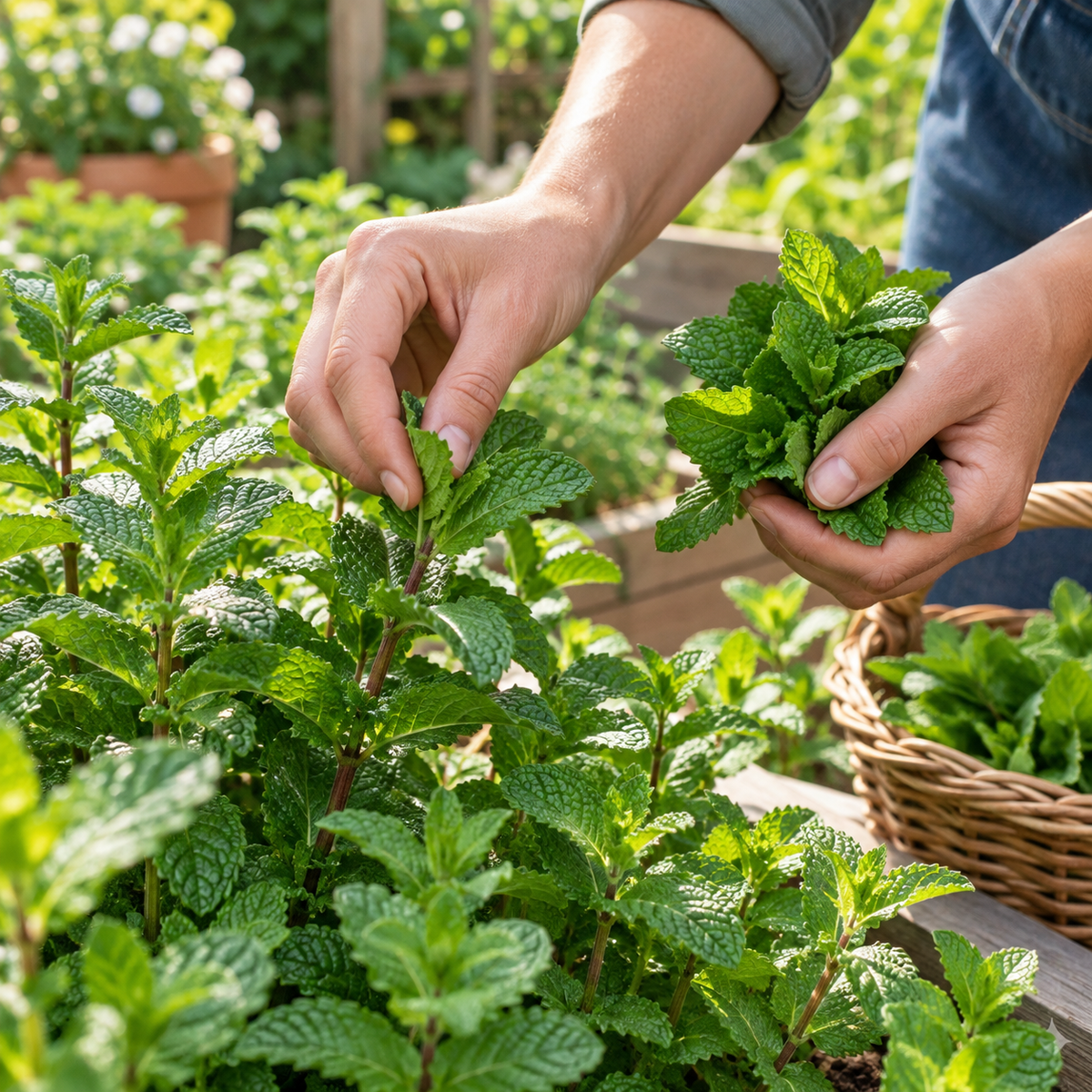 Gardener harvesting fresh peppermint leaves from a healthy organic herb plant