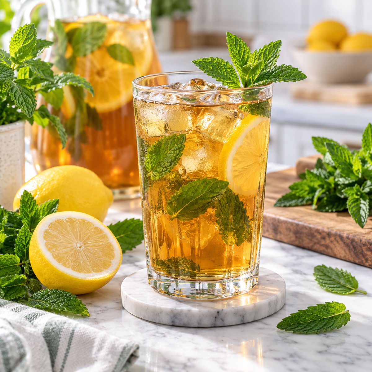 Refreshing peppermint iced tea with lemon, ice, and fresh mint leaves