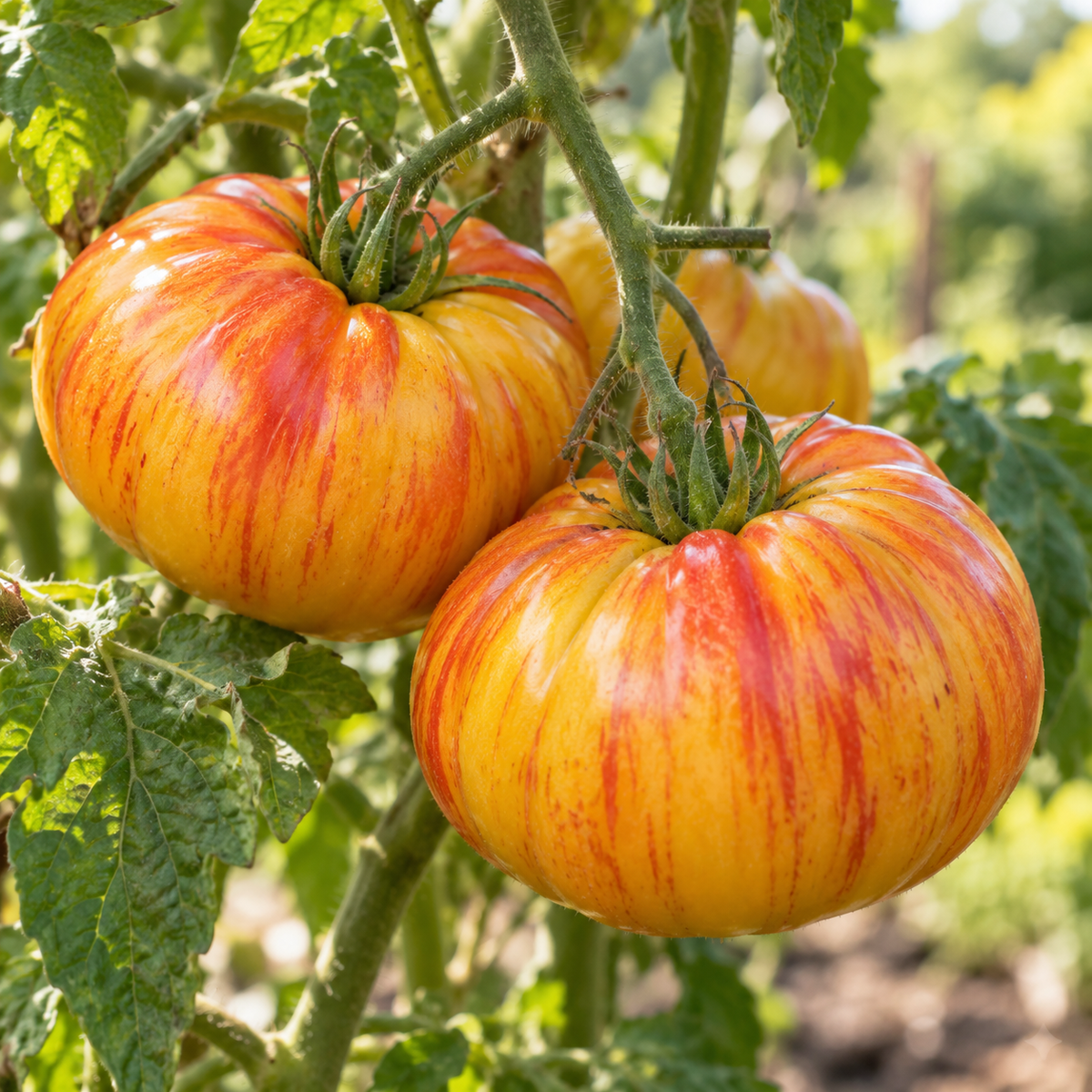 Organic Pineapple Heirloom Tomato Seeds growing into a healthy tomato plant with large golden-yellow tomatoes streaked with red in a sunny garden.