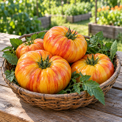 Basket of freshly harvested Organic Pineapple heirloom tomatoes with golden-yellow and red-striped fruit in a backyard garden.