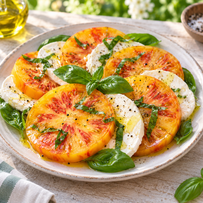 Fresh heirloom tomato and mozzarella salad made with sliced golden-yellow Pineapple tomatoes, basil, olive oil, and pepper.