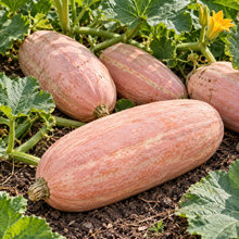 Organic Pink Banana Jumbo winter squash growing among healthy garden vines