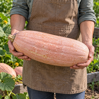 Pink Banana Jumbo winter squash harvest with golden-orange flesh