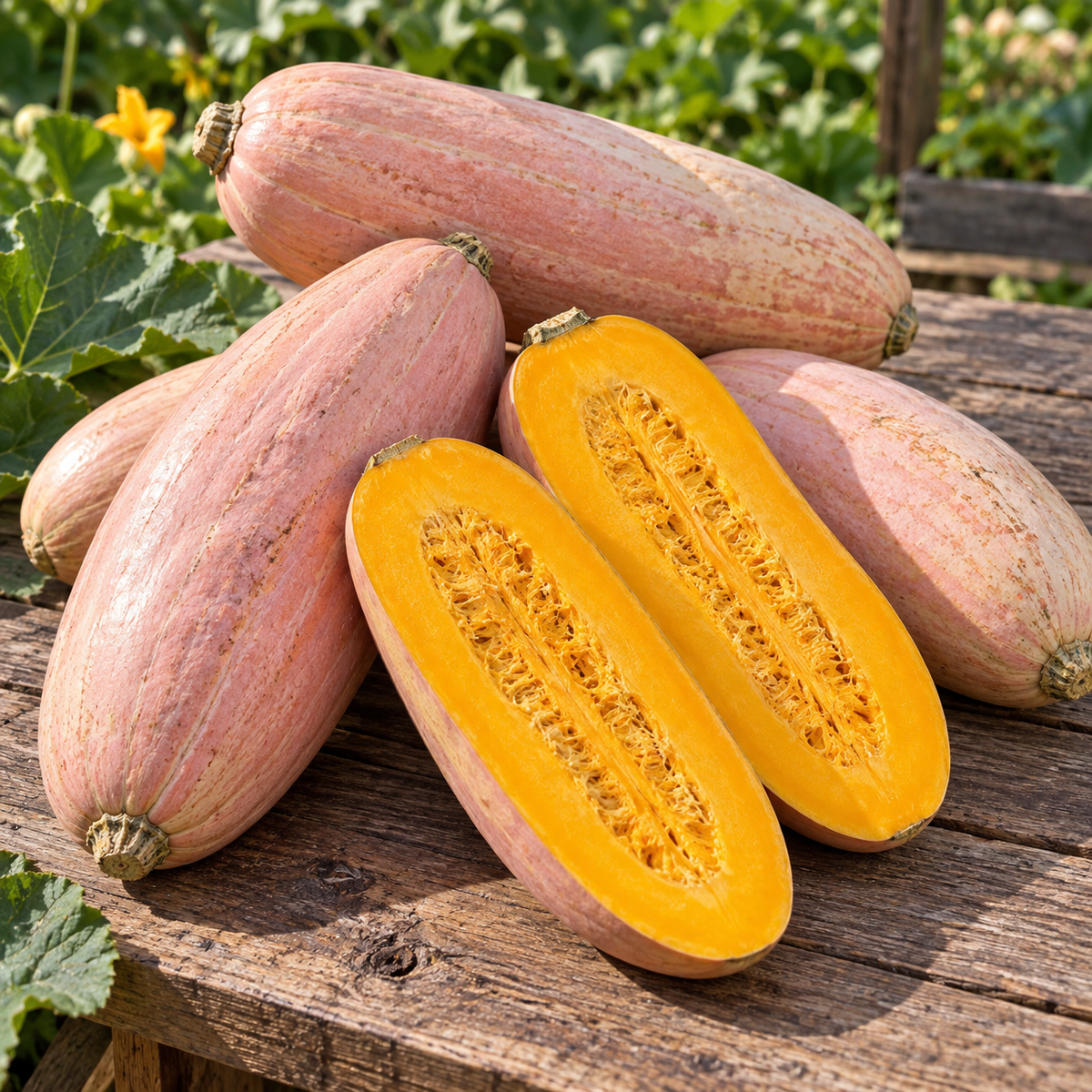 Gardener holding a mature Organic Pink Banana Jumbo winter squash