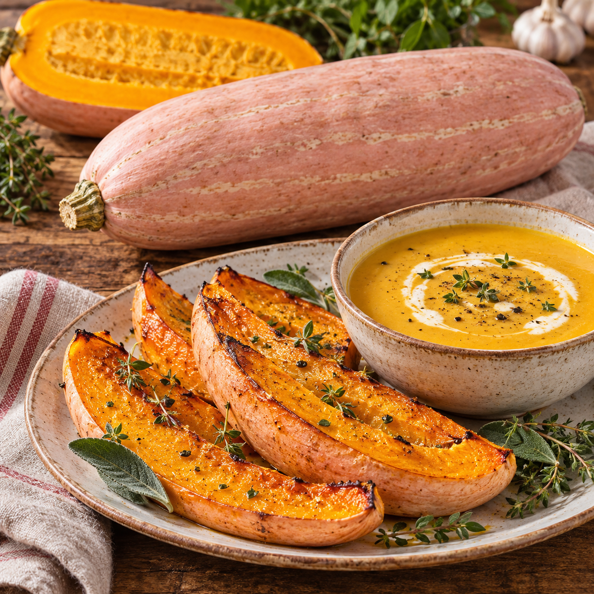 Roasted Pink Banana squash wedges served with creamy squash soup