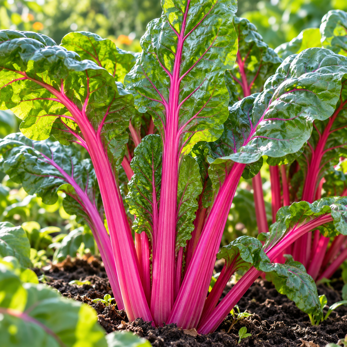 Organic Pink Flamingo Swiss chard with vibrant pink stems growing in a sunny garden