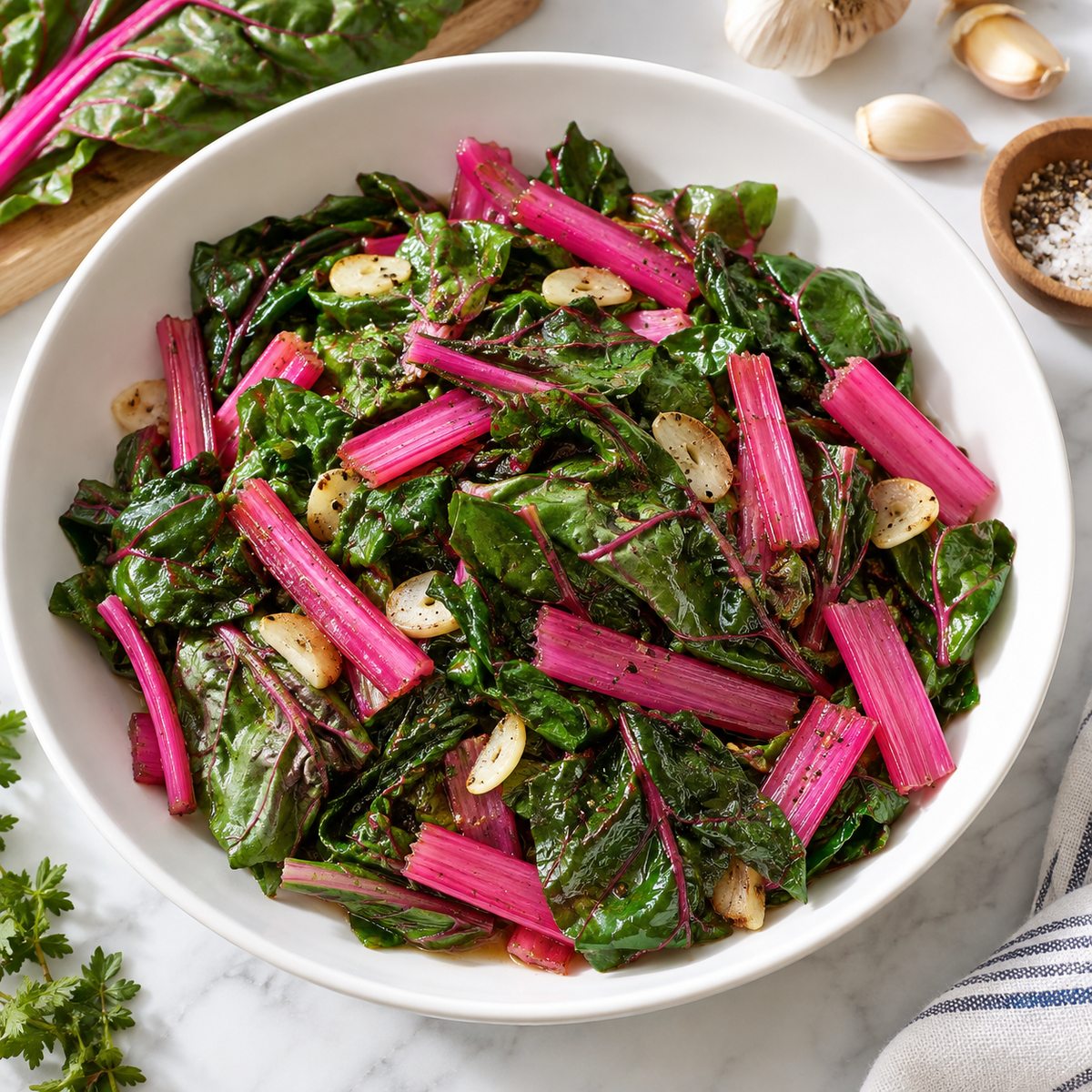 Sautéed Pink Flamingo Swiss chard with garlic served in a white ceramic bowl