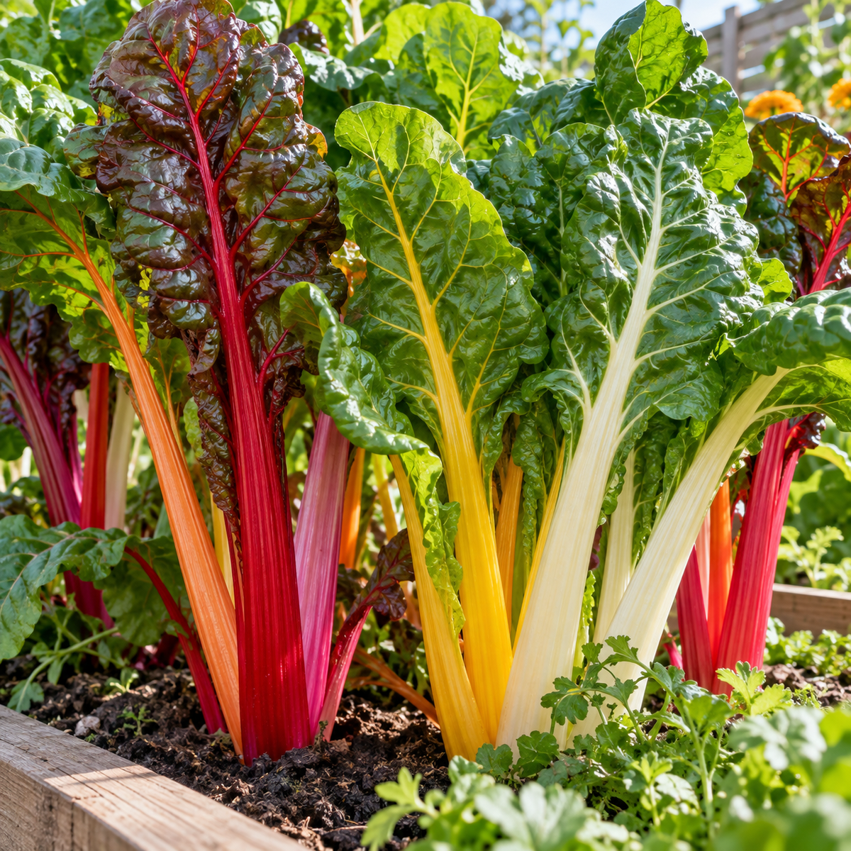 Organic Rainbow Swiss Chard growing in a sunny raised garden bed