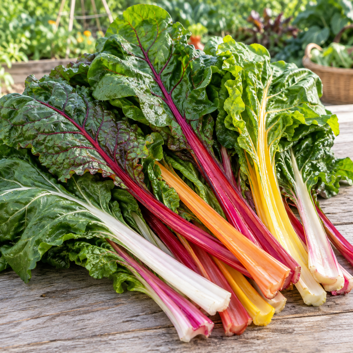 Freshly harvested Organic Rainbow Swiss Chard with multicolored stalks