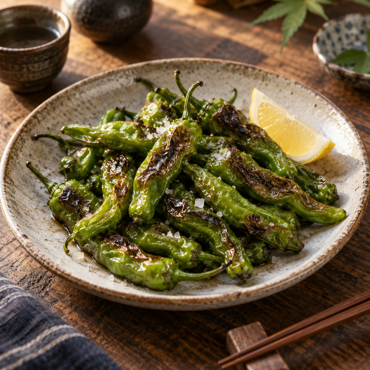 Blistered Shishito sweet peppers served with sea salt and lemon