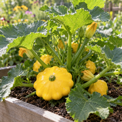 Organic Yellow Bush Scallop summer squash with bright golden-yellow scalloped fruits on a white background