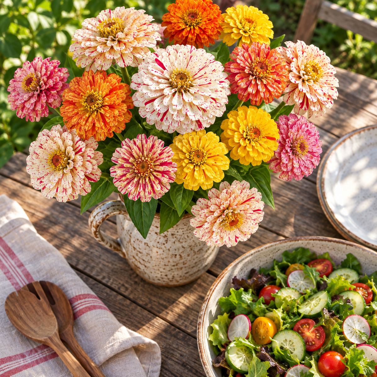 Peppermint Stick Zinnia flower with red and white striped petals blooming in a sunny garden