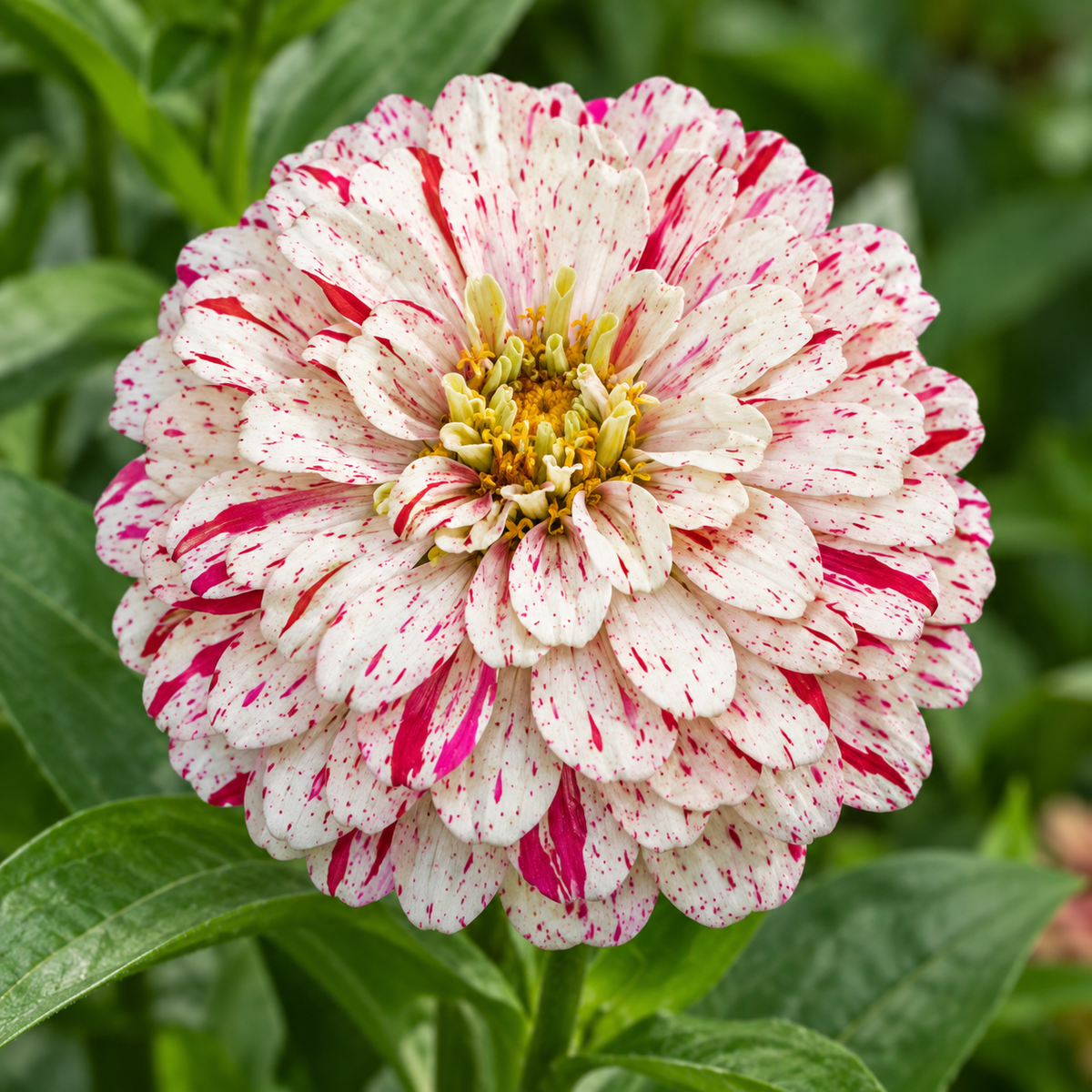 Close-up of a Peppermint Stick Zinnia bloom with cream petals and red stripes