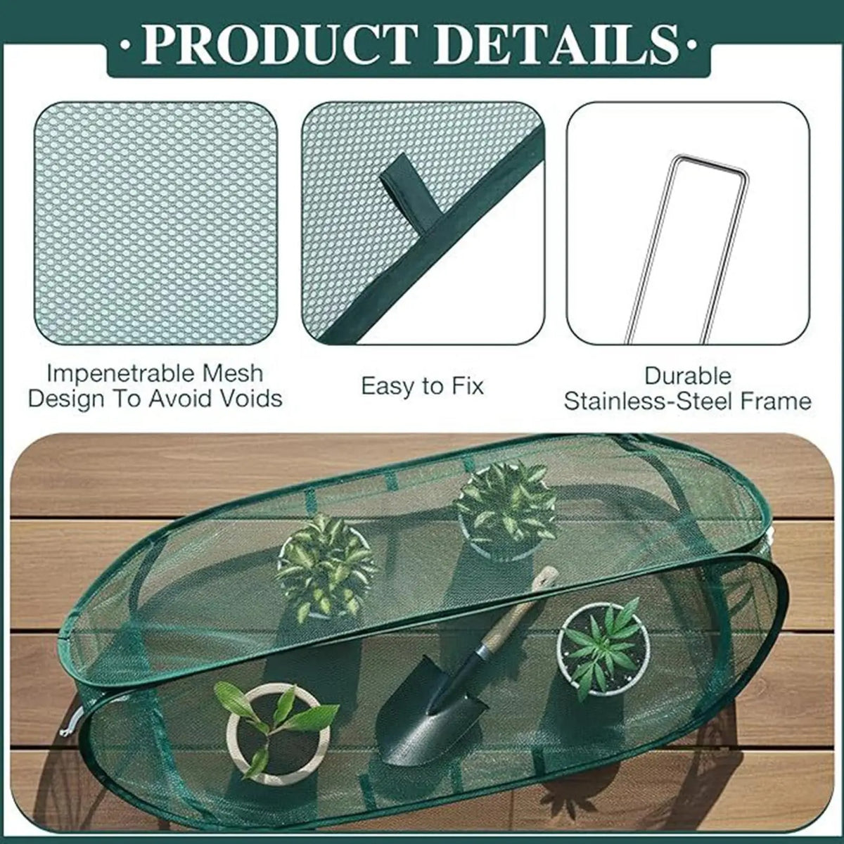Garden plant cover collage showing mesh fabric, frame details, and the cover in use.