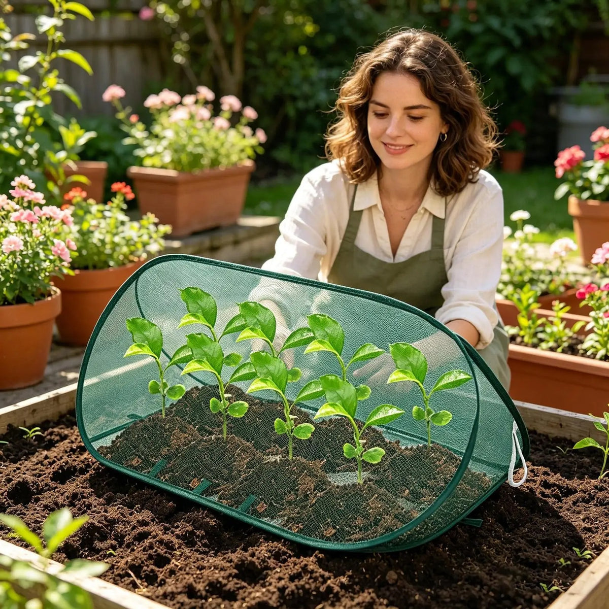 Multiple green mesh plant covers arranged over rows of plants in raised garden beds.