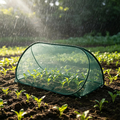 Gardener tending seedlings beneath a green mesh plant protection cover.