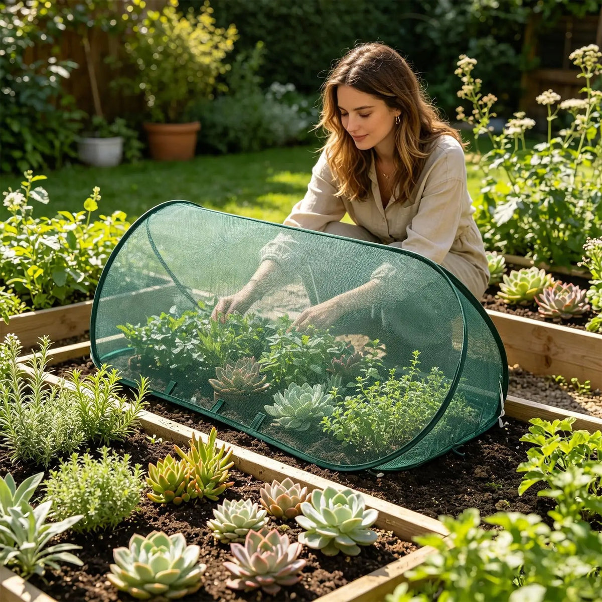 Gardener placing a green pop-up mesh plant cover over young seedlings in a raised garden bed
