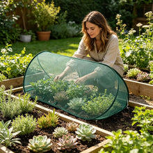 Gardener placing a green pop-up mesh plant cover over young seedlings in a raised garden bed