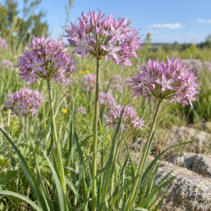 Prairie Onion plants with pink star-shaped flowers blooming in a sunny garden