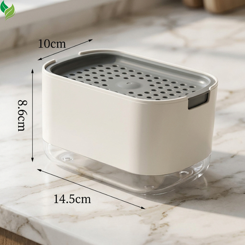 White press-top dish soap dispenser with sponge holder on a kitchen counter