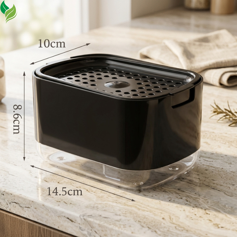 Close-up of the press pump tray on a kitchen soap dispenser