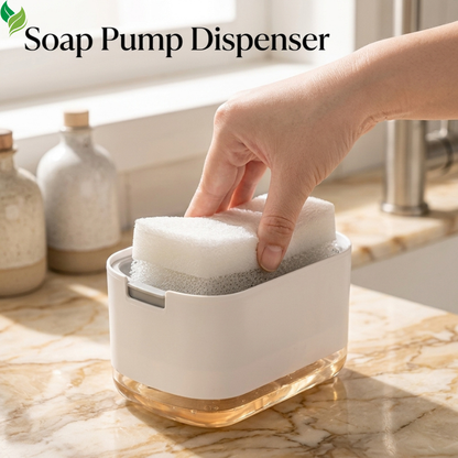 Hand pressing a sponge on the dish soap dispenser beside the kitchen sink