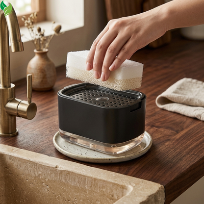 Black press-top soap dispenser holding a sponge on the top tray