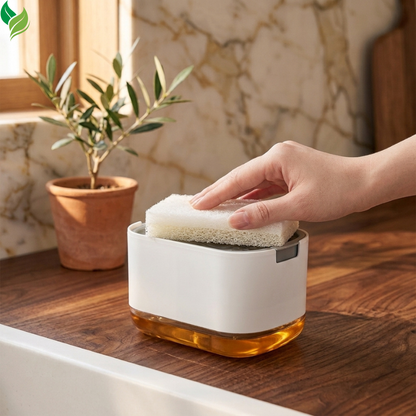 Side view of a compact dish soap dispenser with a clear liquid reservoir