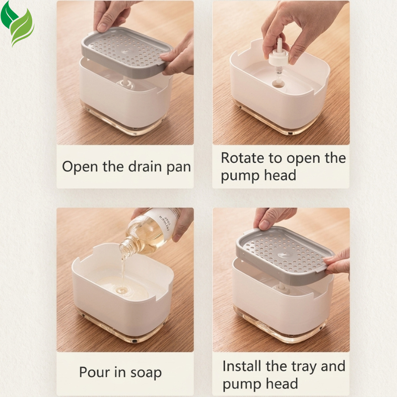 Press-top soap dispenser being opened for easy liquid soap refilling